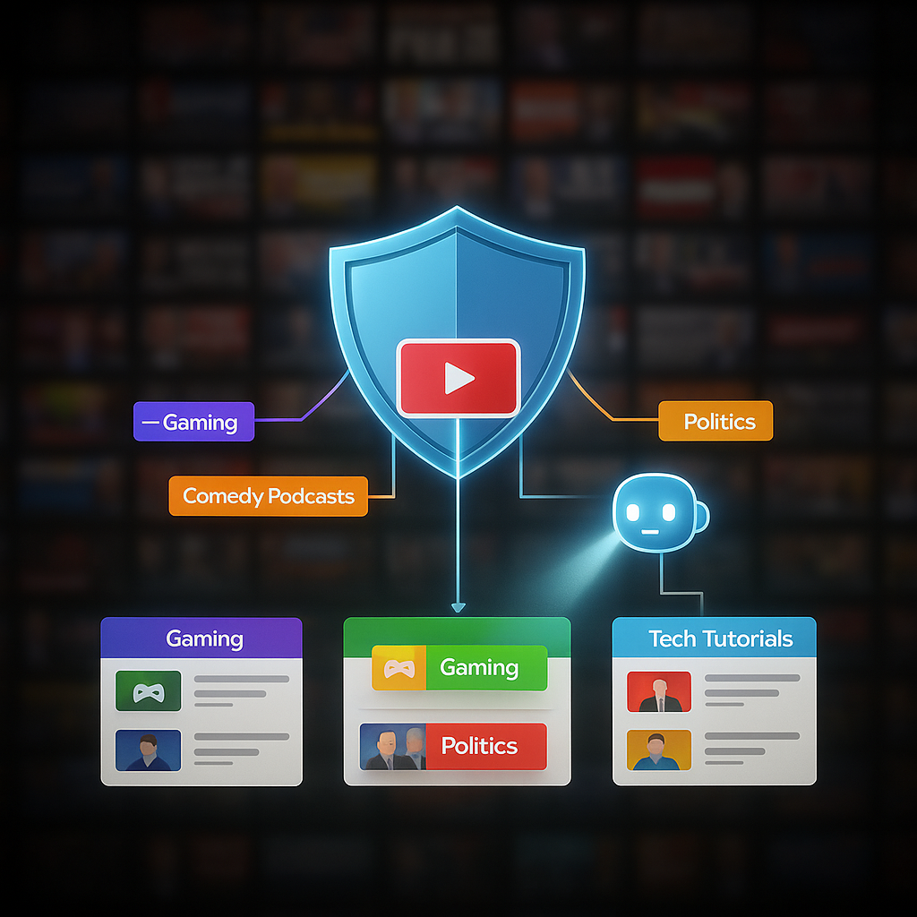 Visual showing content categories separated by a shield icon